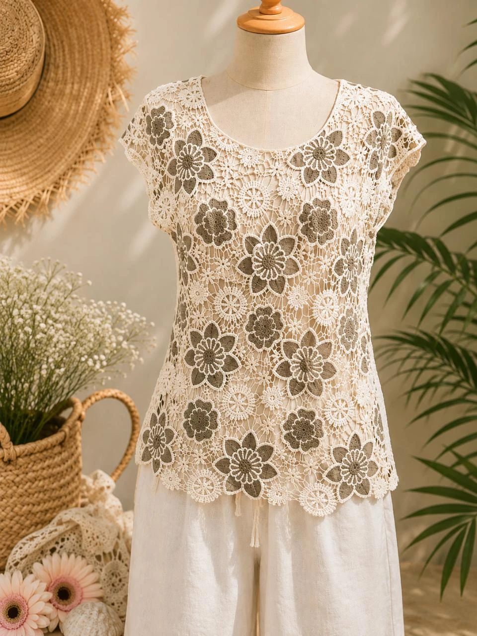 T-shirt femme couleur beige à motifs kaki, taille 38/40 camaïeu